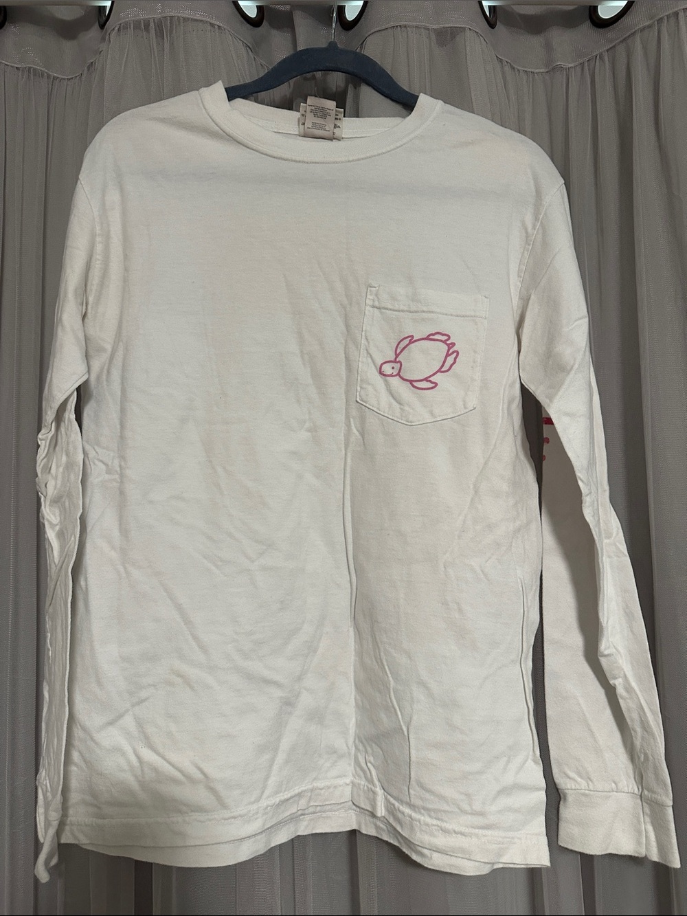 White Long-Sleeve Pocket Tee with Pink Turtle Graphic